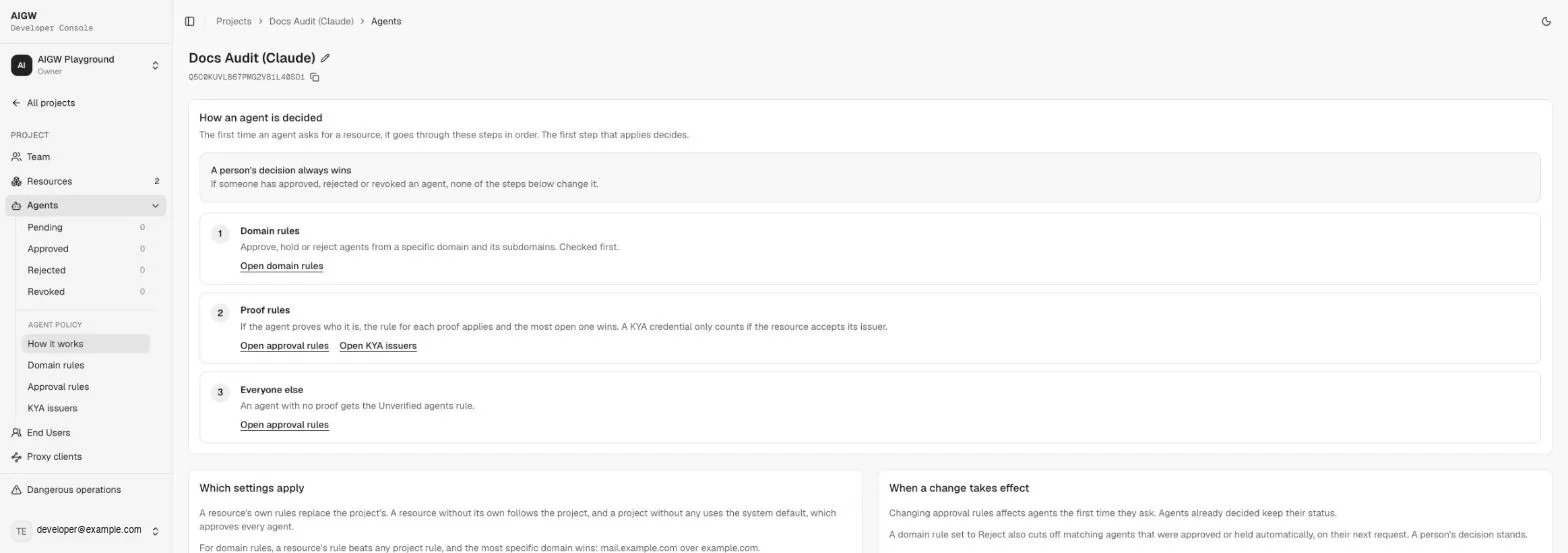 Agent policy How it works page showing the evaluation order