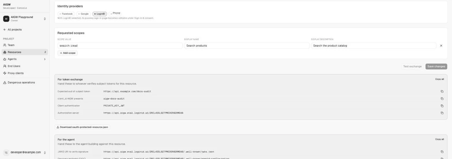 Token exchange Resource Reference values grouped for the merchant IAM team and for the agent developer