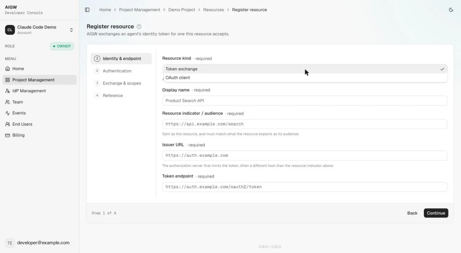 AIGW Console Register resource wizard showing the Token exchange and OAuth client kind options
