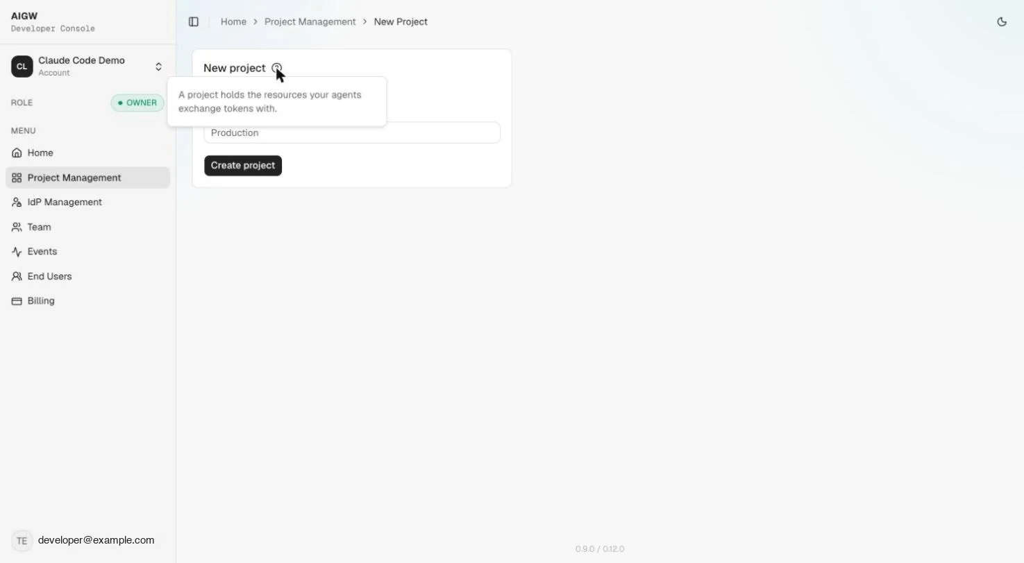 AIGW Console New Project form with a single name field
