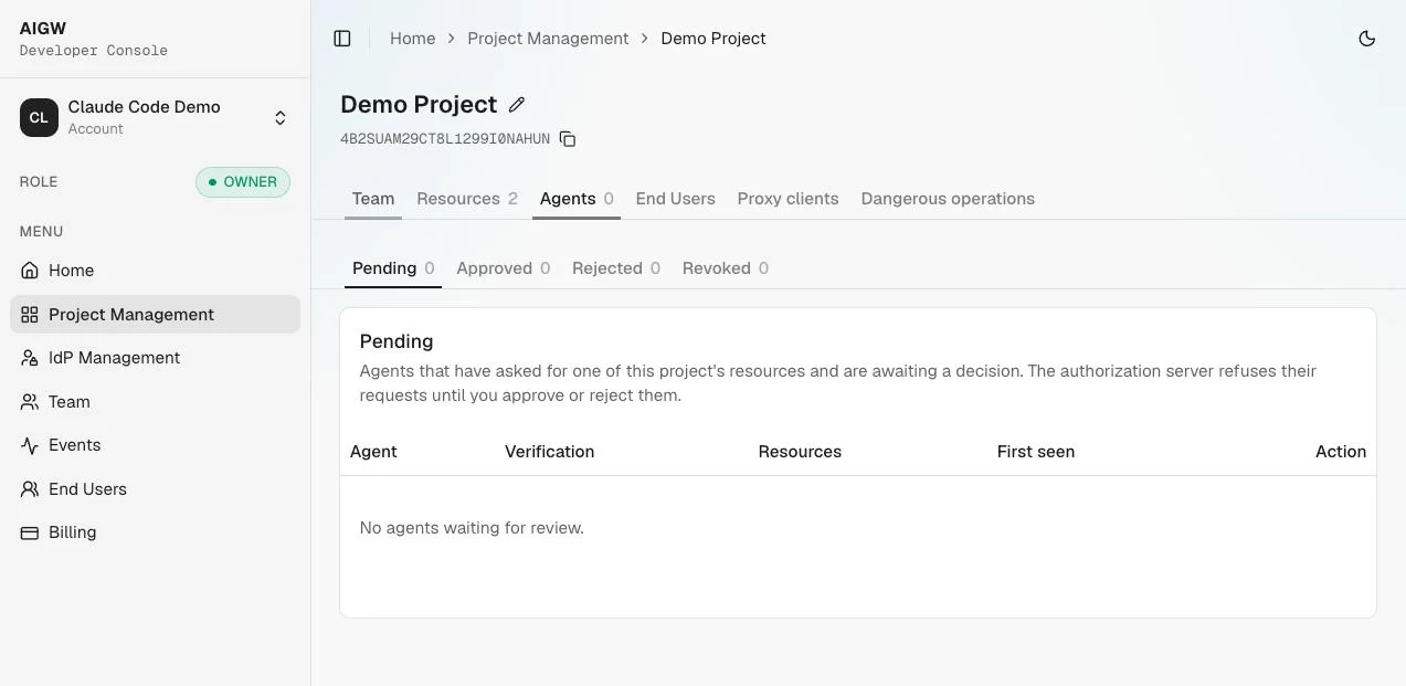 AIGW Console Project page on the Agents tab, with the Pending, Approved, Rejected and Revoked lists
