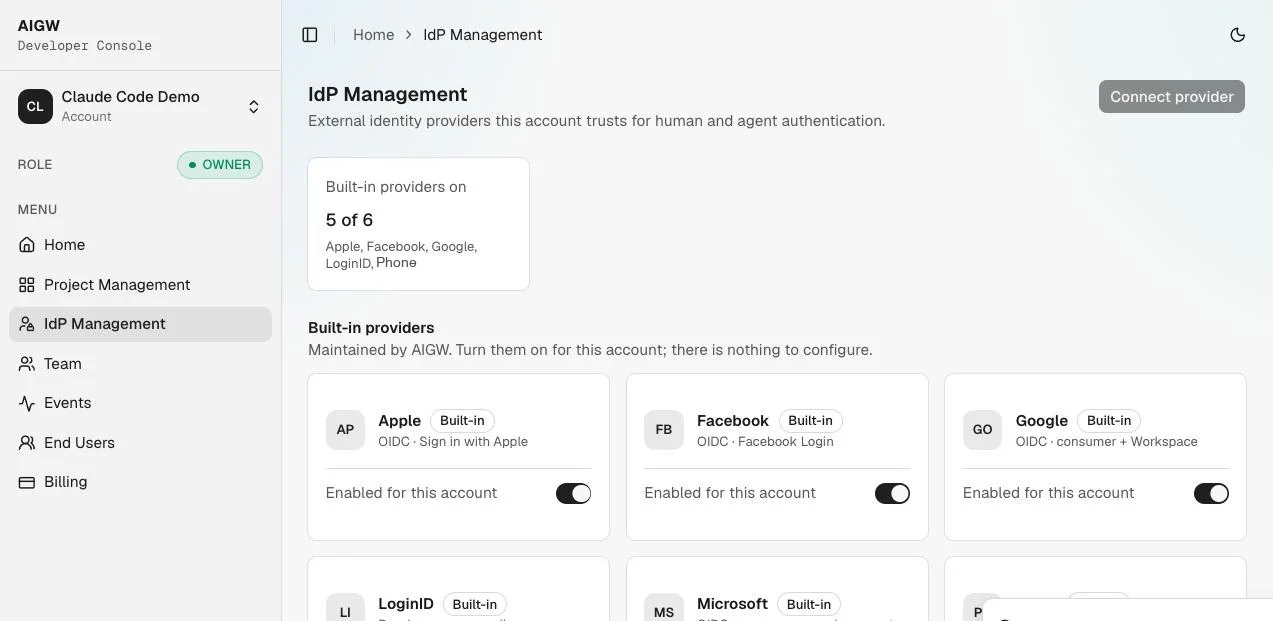 AIGW Console IdP Management page listing the built-in identity providers with toggles