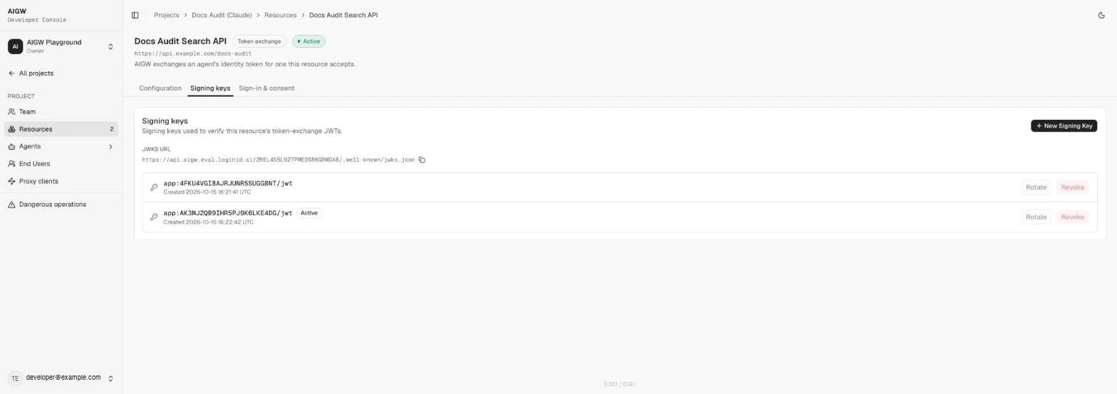 Resource Signing keys tab with the JWKS URL and a list of keys, one marked Active