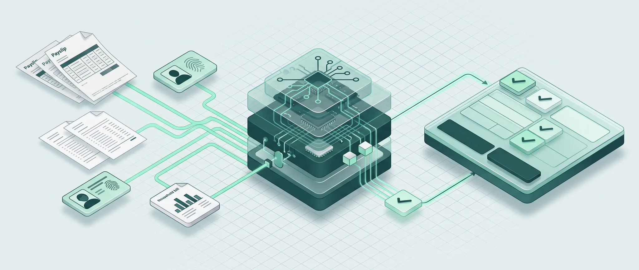 Isometric payslips, household bills and identity records connected through a reasoning layer to a fact find