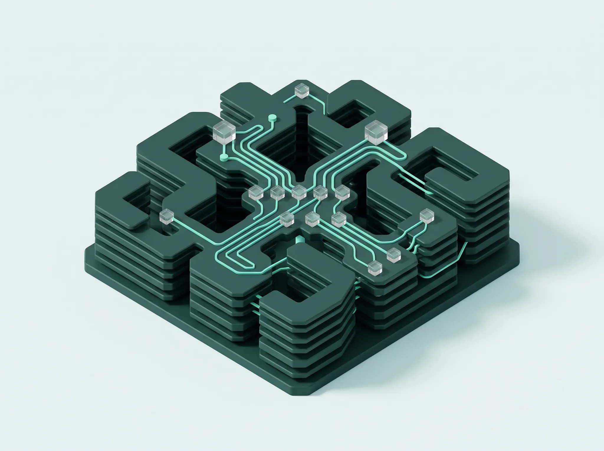 Abstract technical structure with open dark-green layers linked by teal circuit paths and translucent glass nodes