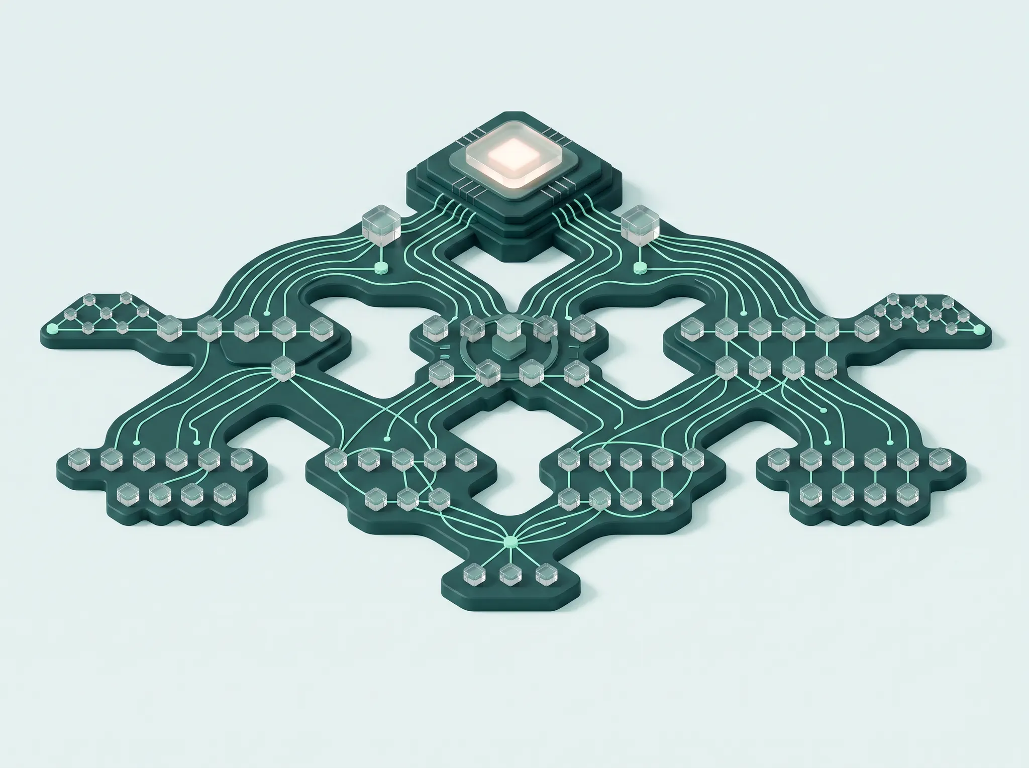 Isometric branching decision network showing auditable AI reasoning paths