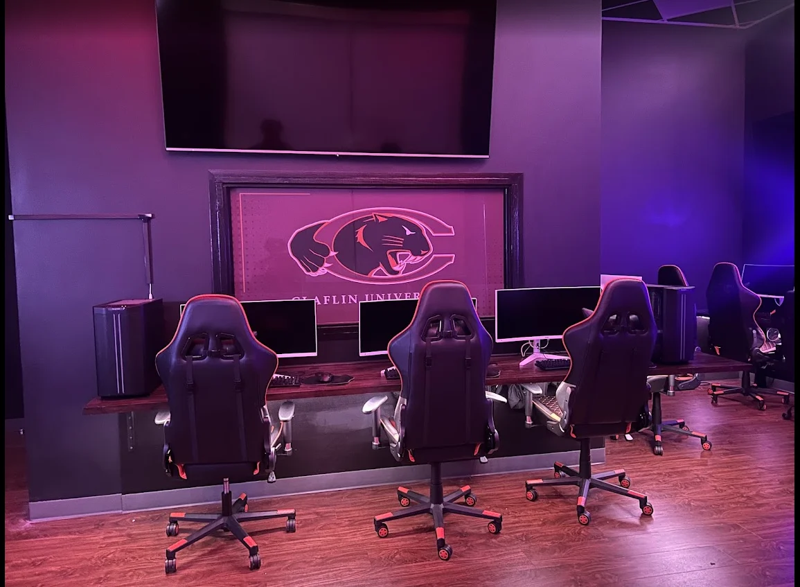 Claflin University Esports Lab with gaming computers, monitors, and ergonomic chairs