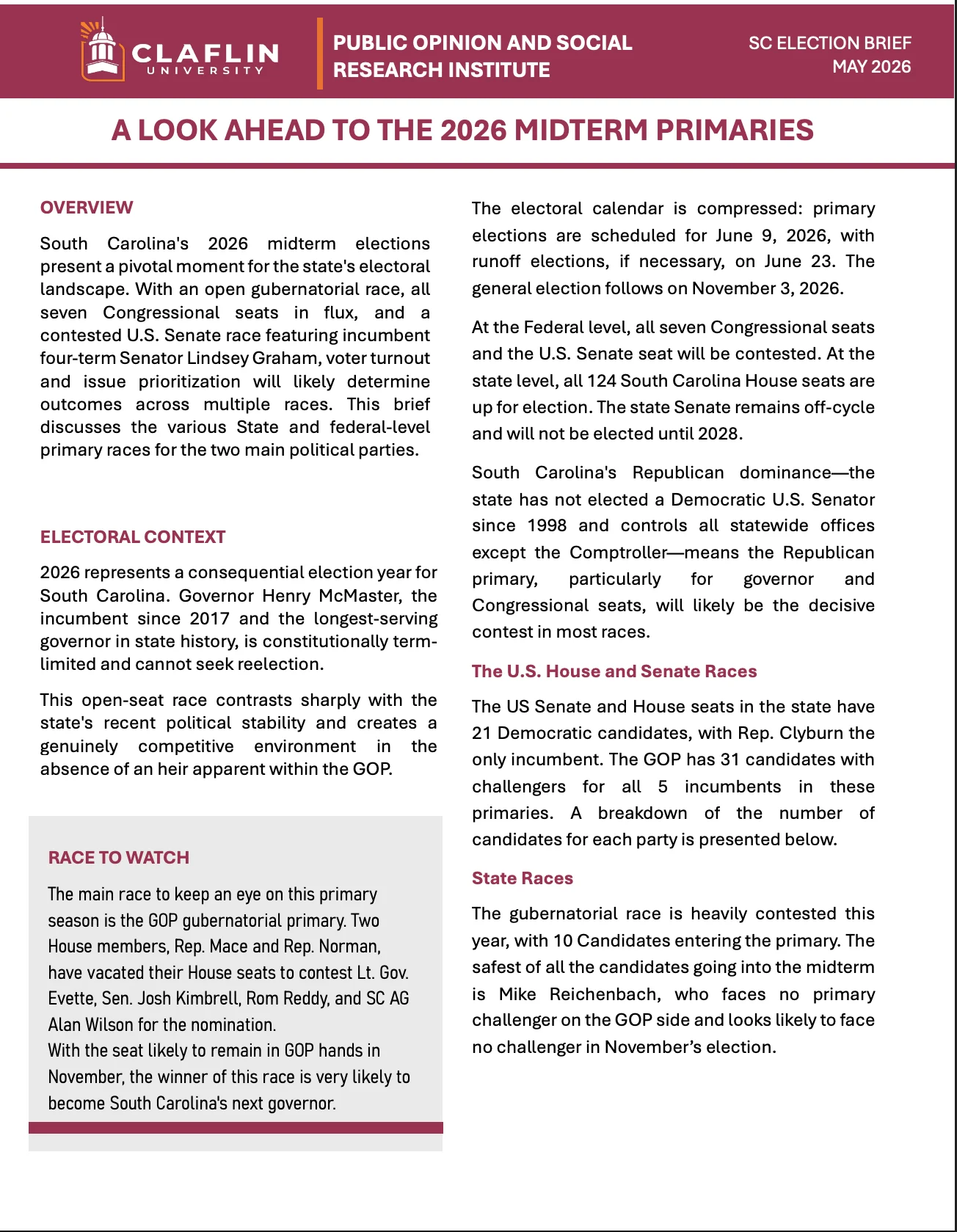 South Carolina Election Brief May 2026