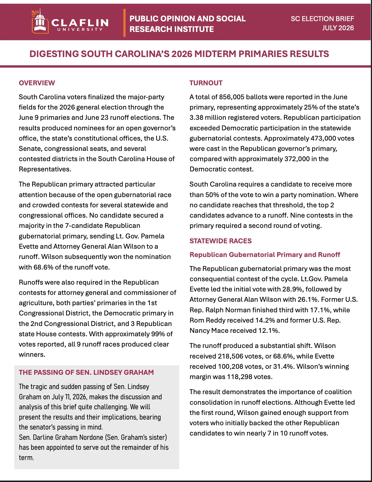 South Carolina Election Brief July 2026