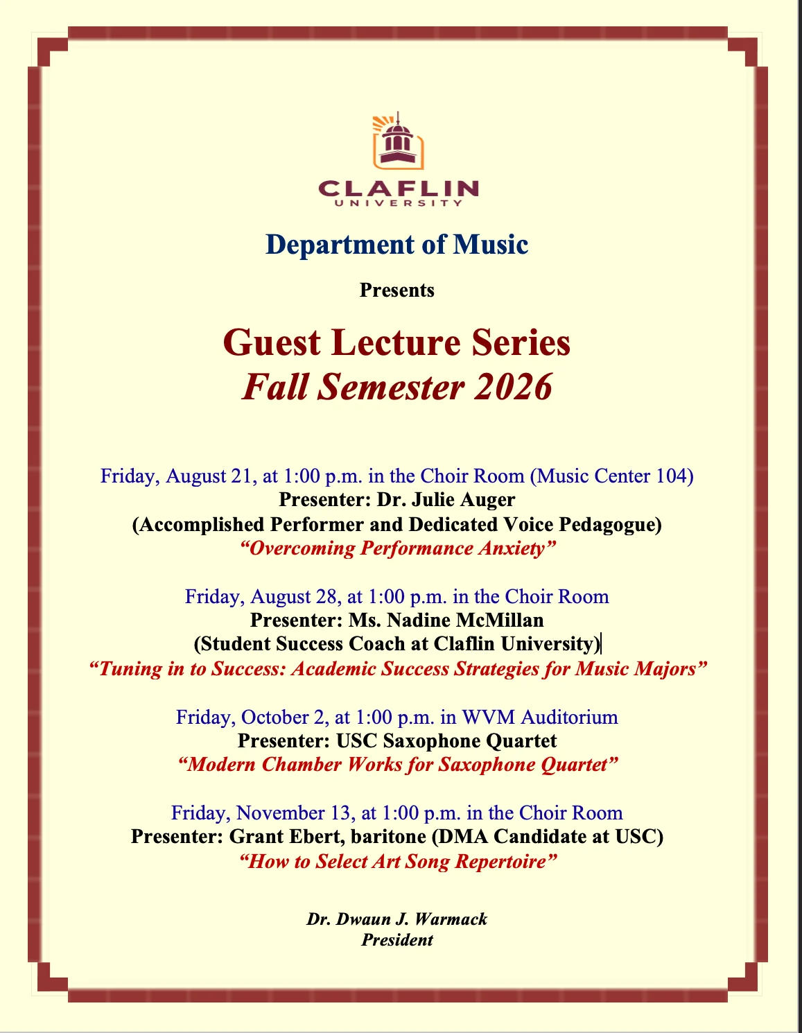 Guest Lecture and Performance Series 2026 event flyer