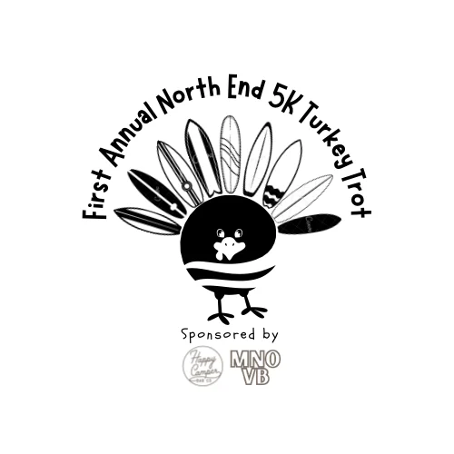2023 shirt: First Annual North End 5K Turkey Trot, a turkey with surfboards for tail feathers, sponsored by Happy Camper Bar Co and MNO VB