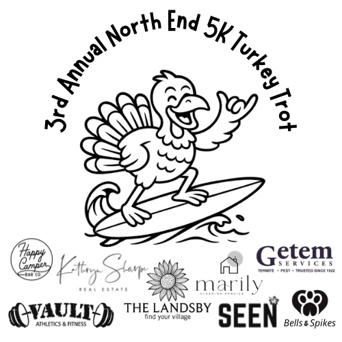2025 shirt: 3rd Annual North End 5K Turkey Trot, a turkey surfing, with eight sponsor logos