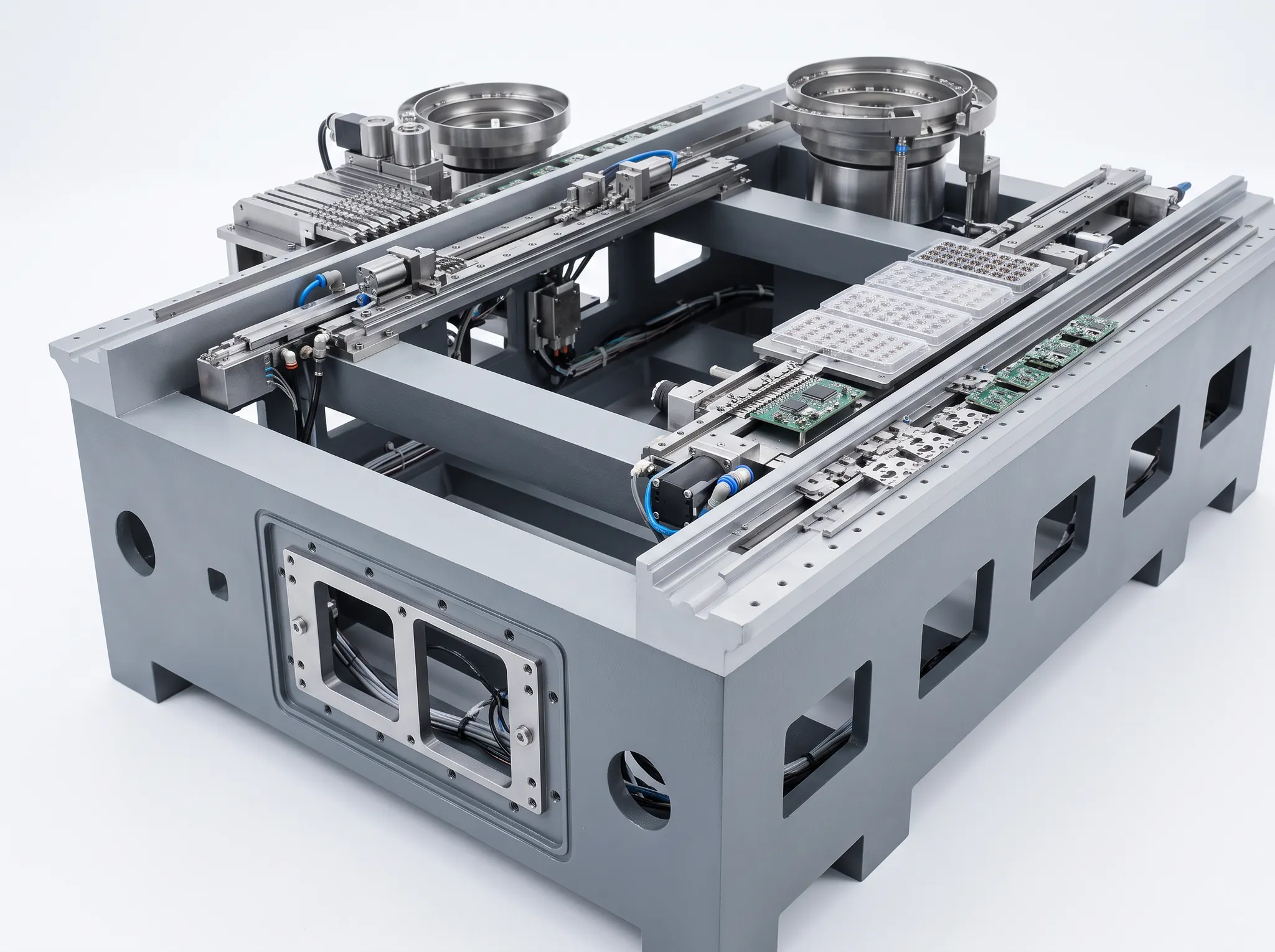 Precision component feeding modules arranged in an automation frame