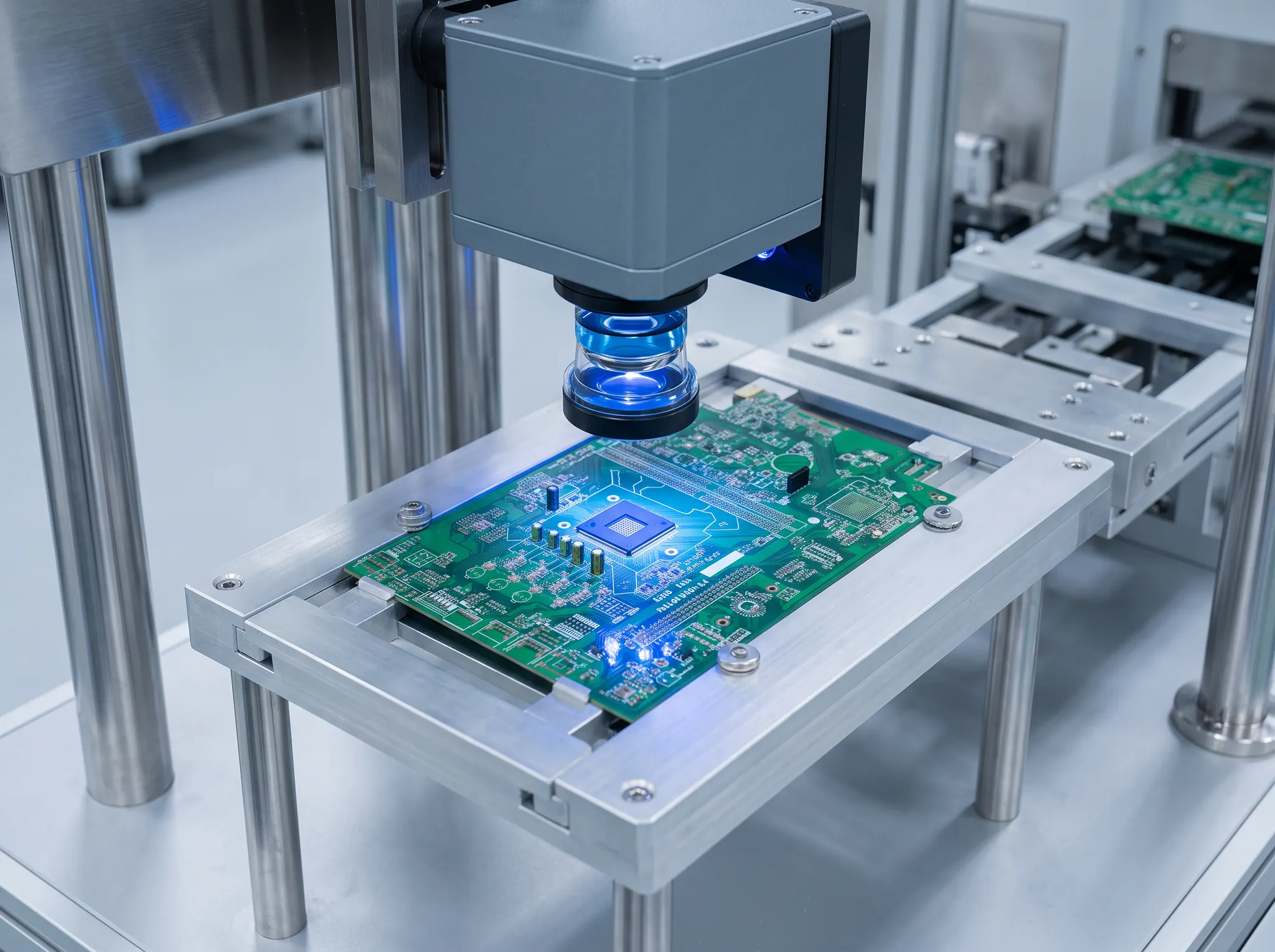 Machine-vision camera inspecting electronic components on a PCB