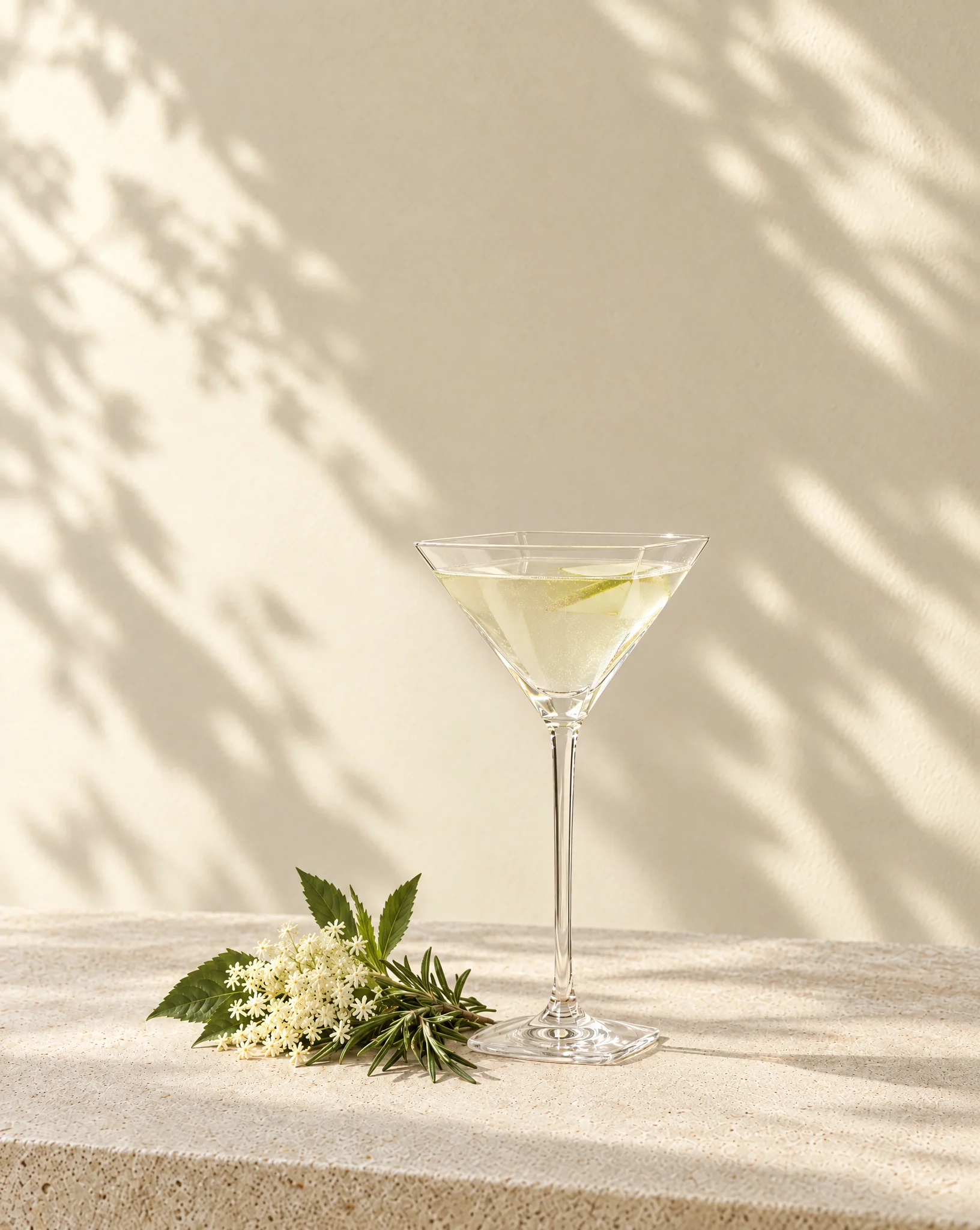 A square martini glass of pale botanical drink beside elderflower and rosemary on a limestone plinth