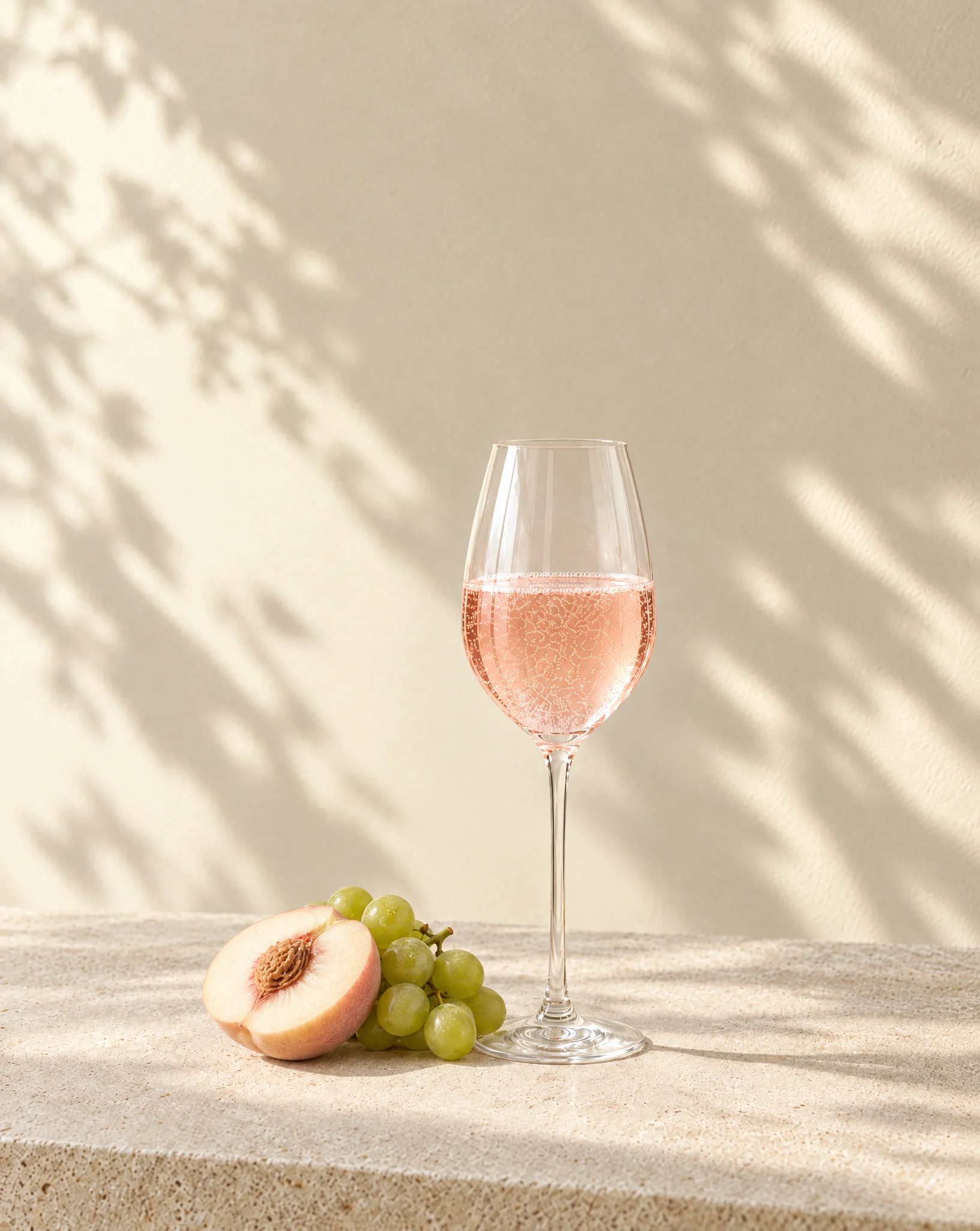 A white wine glass of pale blush sparkling drink beside a halved white peach and green grapes on a limestone plinth