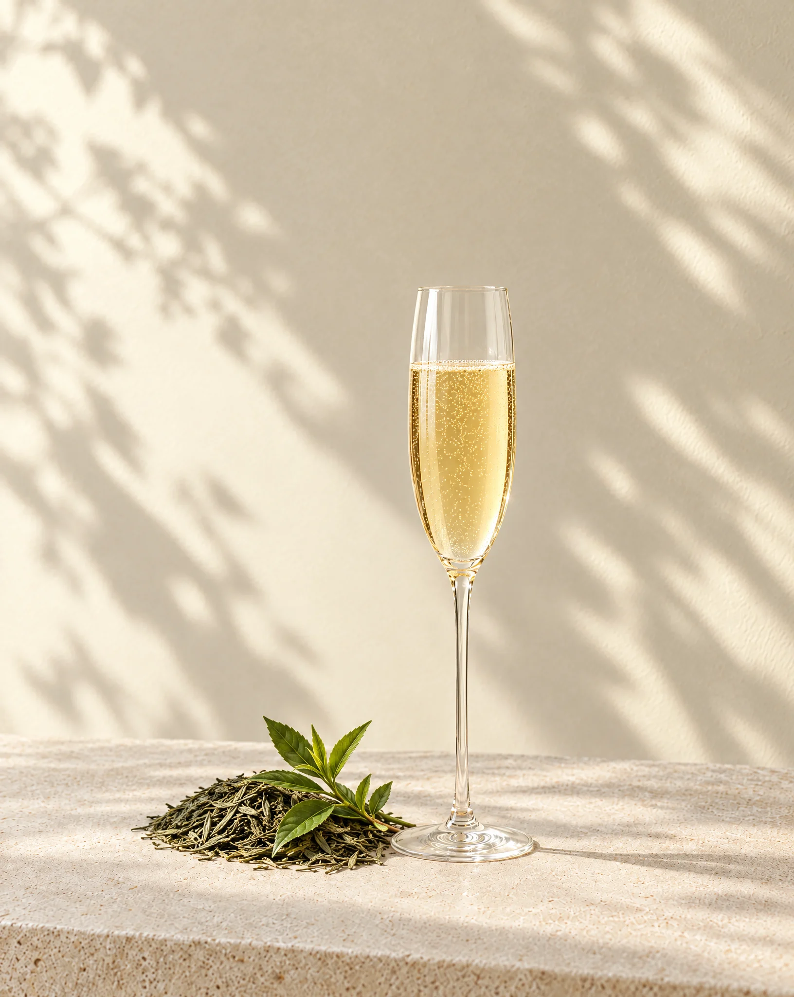 A champagne flute of pale golden sparkling tea beside loose tea leaves on a limestone plinth