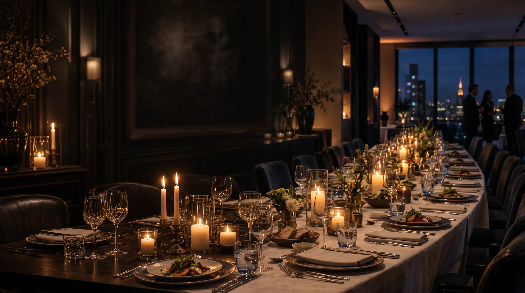 A candlelit private dinner table prepared for an intimate evening in Frankfurt