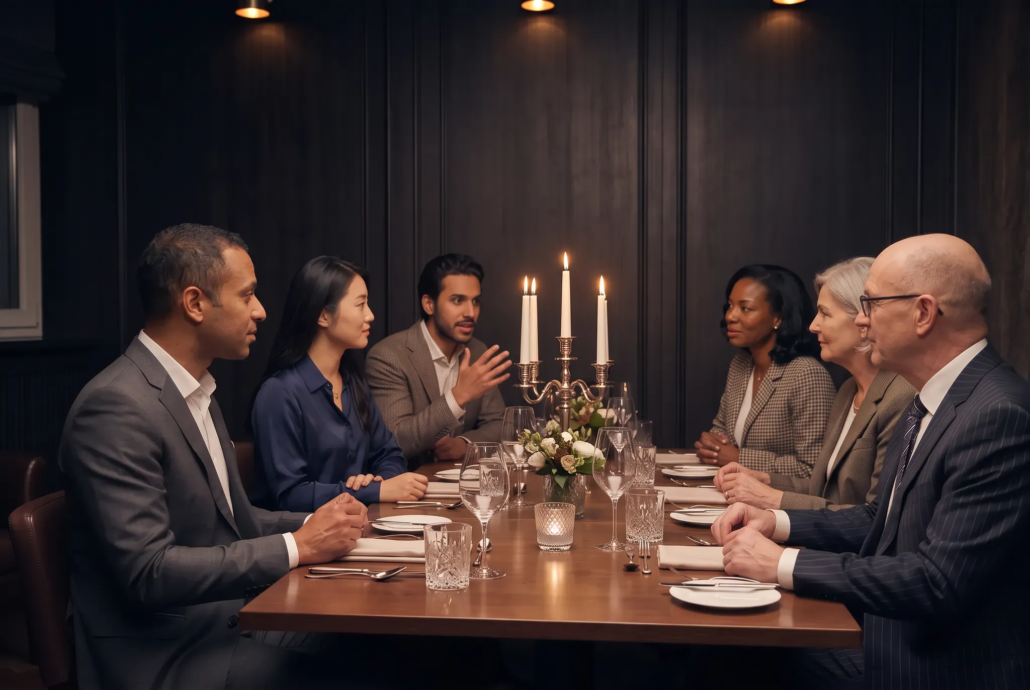 A diverse group of three women and three men of varied ages in conversation around a candlelit dinner table