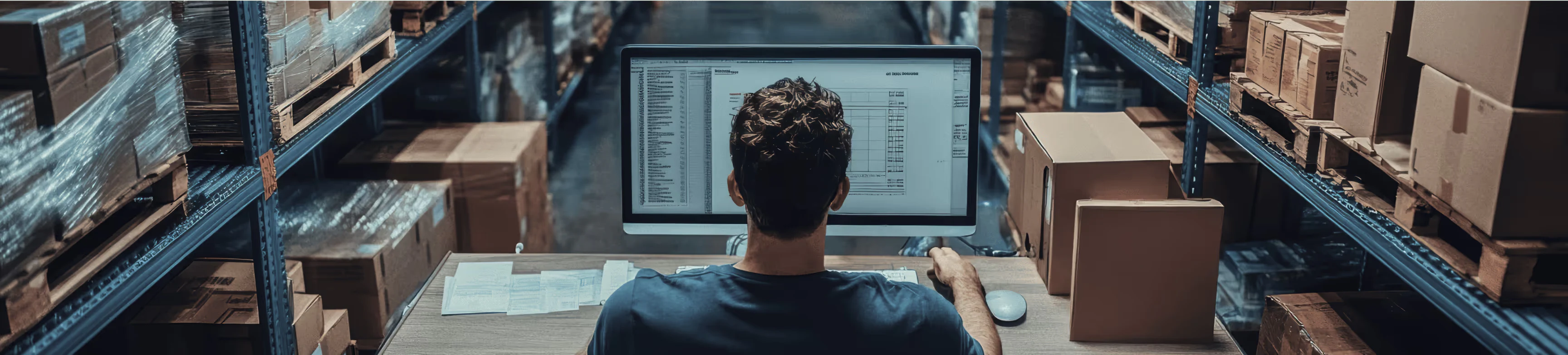 Operations lead at a desk between warehouse shelves, reviewing order spreadsheets on a monitor