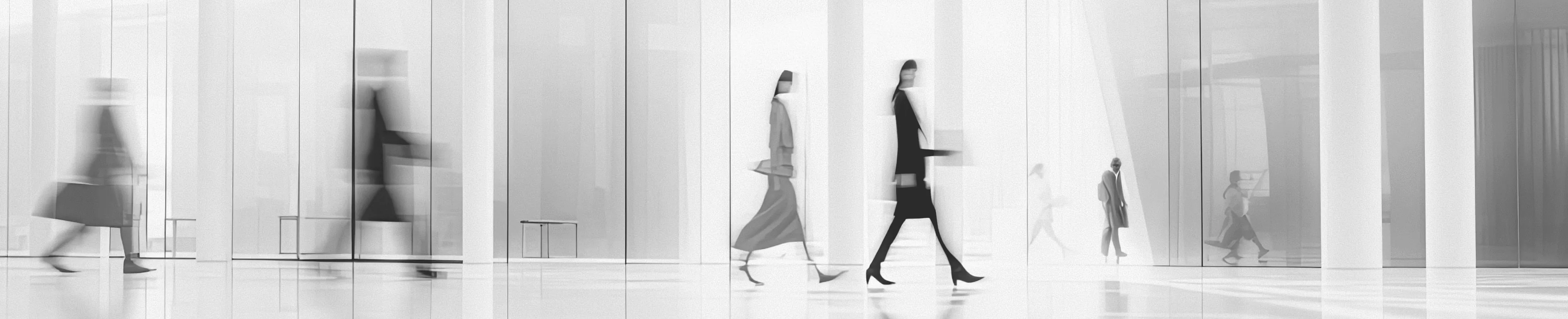 Shoppers in motion through a bright, minimal retail space