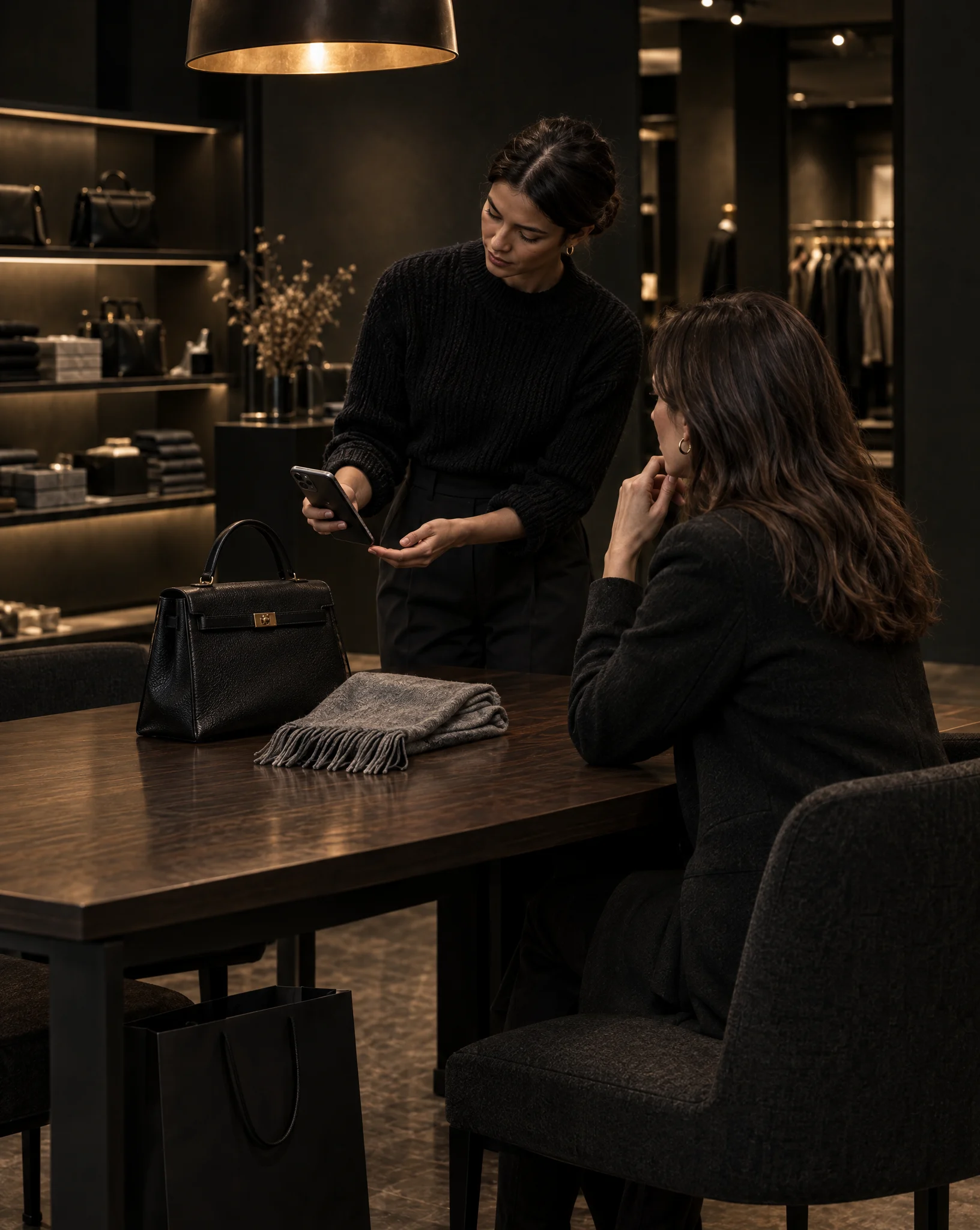 Store associate showing a client options on an iPhone during a private appointment, with a leather handbag on the table