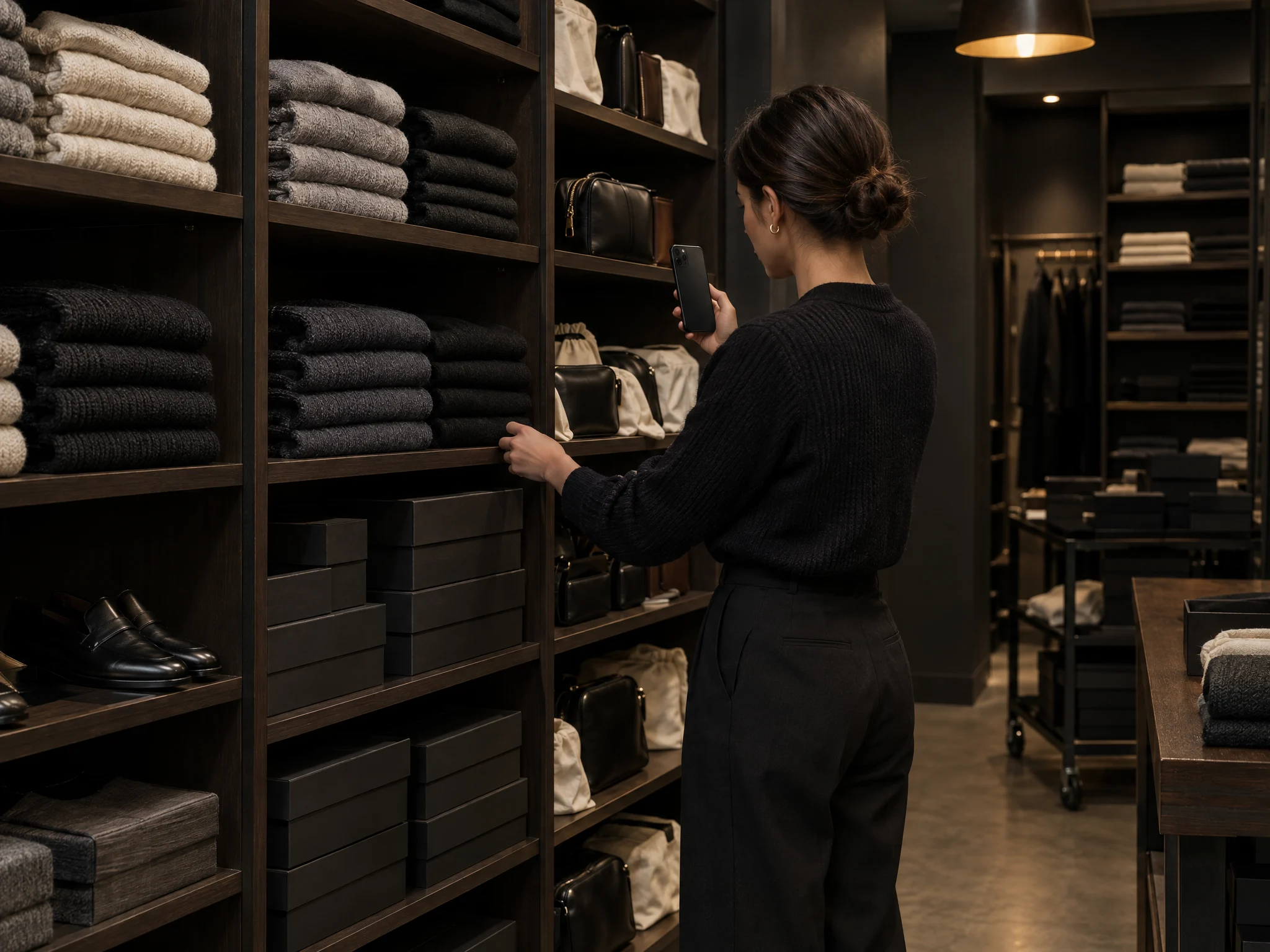 Store associate counting stock on an iPhone in a luxury boutique stockroom