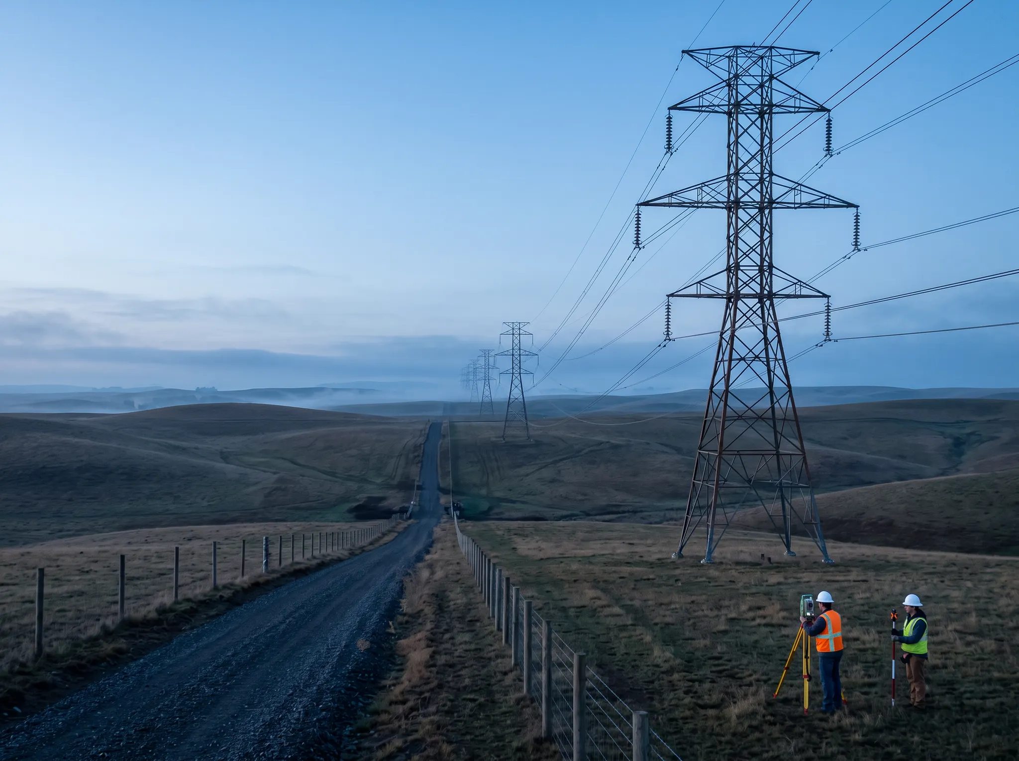 Illustrative utility right-of-way corridor across rural land, with transmission towers and field surveyors. Not an actual PHENYX or WSLS project photograph.