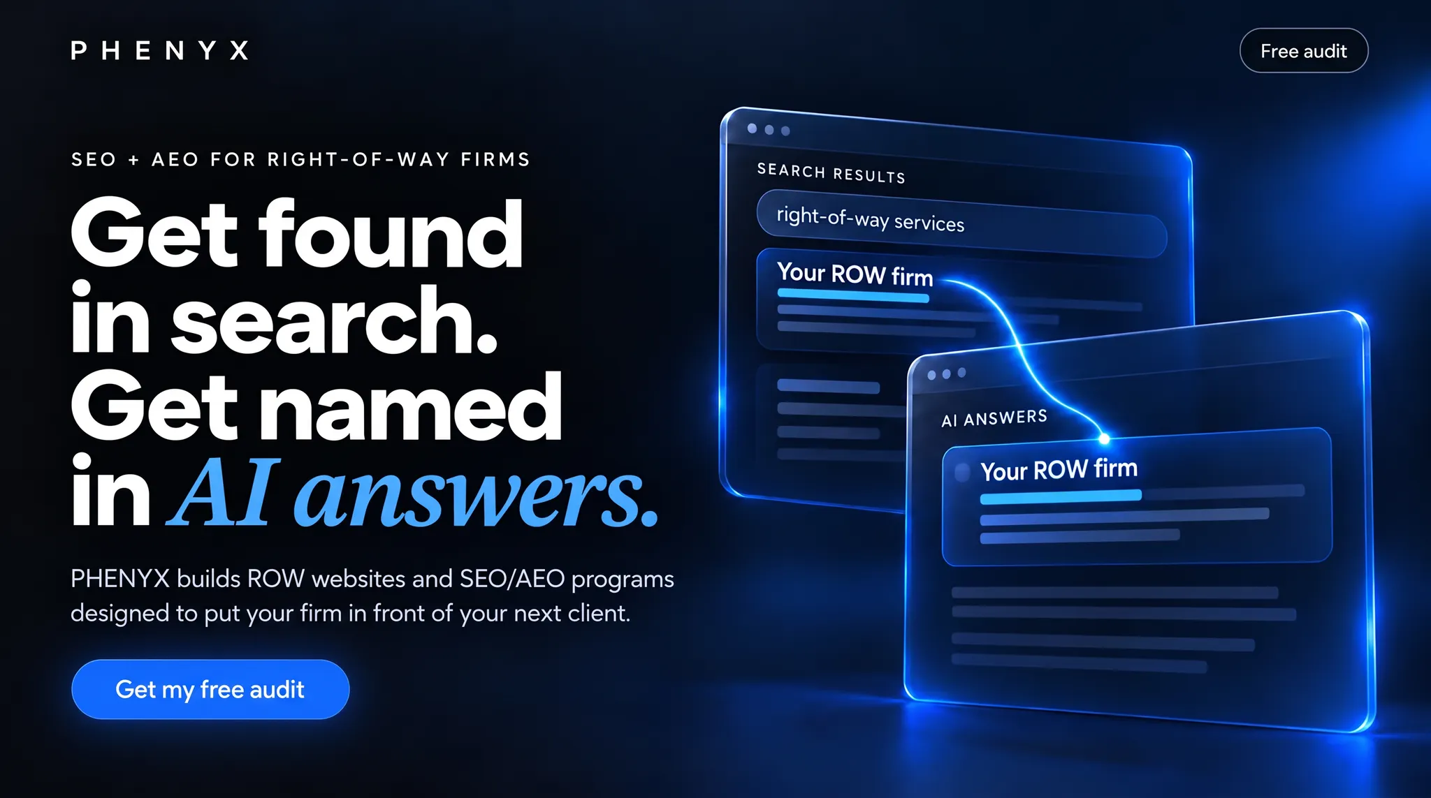 PHENYX conceptual campaign artwork connecting search discovery and AI answers with a free website, SEO and AEO audit. Not a captured client result.