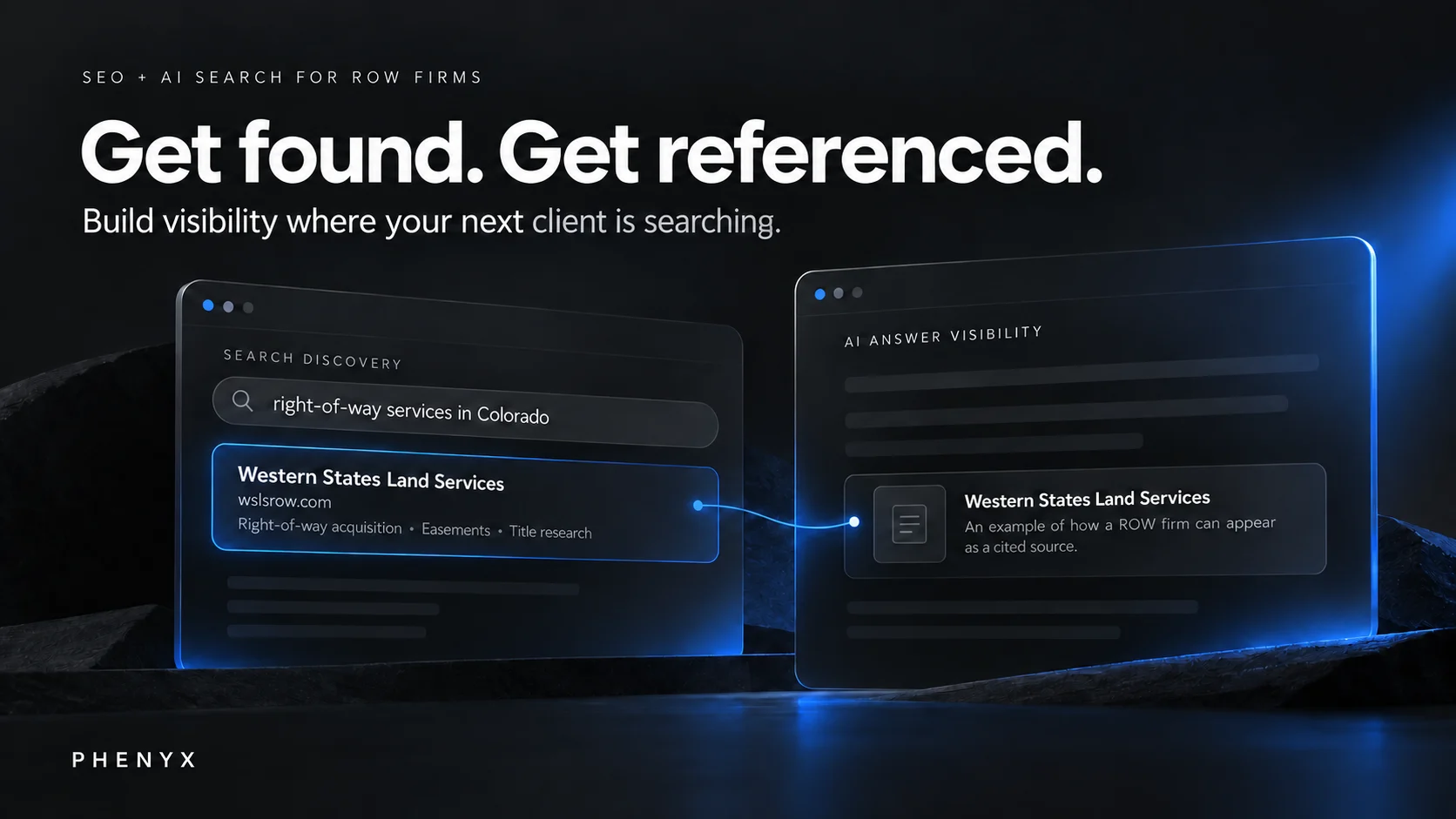 PHENYX concept illustration of a ROW service search and an AI answer citing a company. Uses WSLS as an example, not a captured search result.