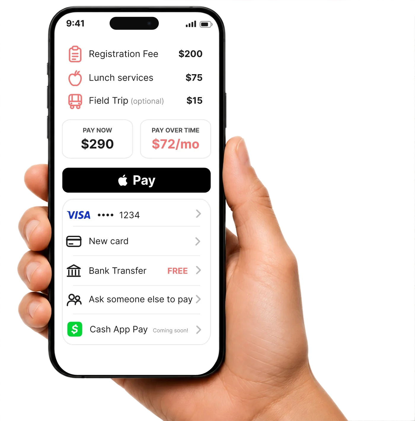 Omella checkout on a phone showing registration fees, lunch services, a field trip, and payment options including Apple Pay and free bank transfer