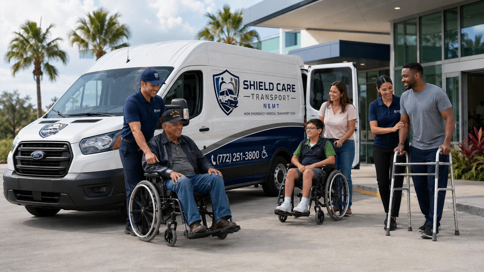 Shield Care Transport team assisting passengers beside a branded transport van
