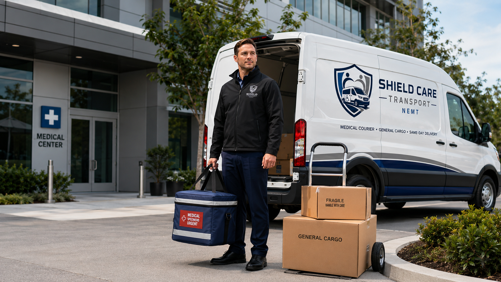 Shield Care Transport courier standing beside a branded company van with medical specimens and cargo