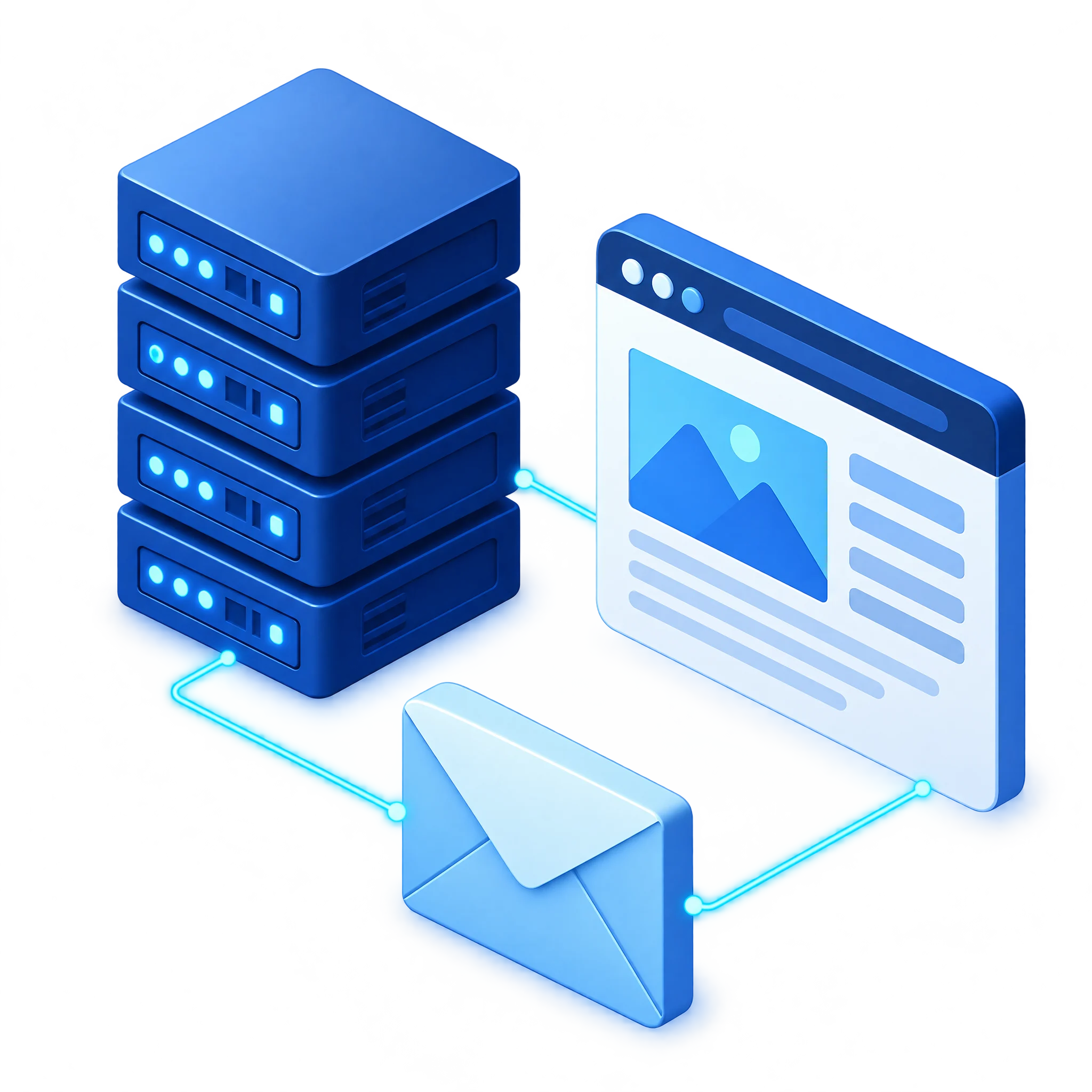 A connected server tower, website and email envelope