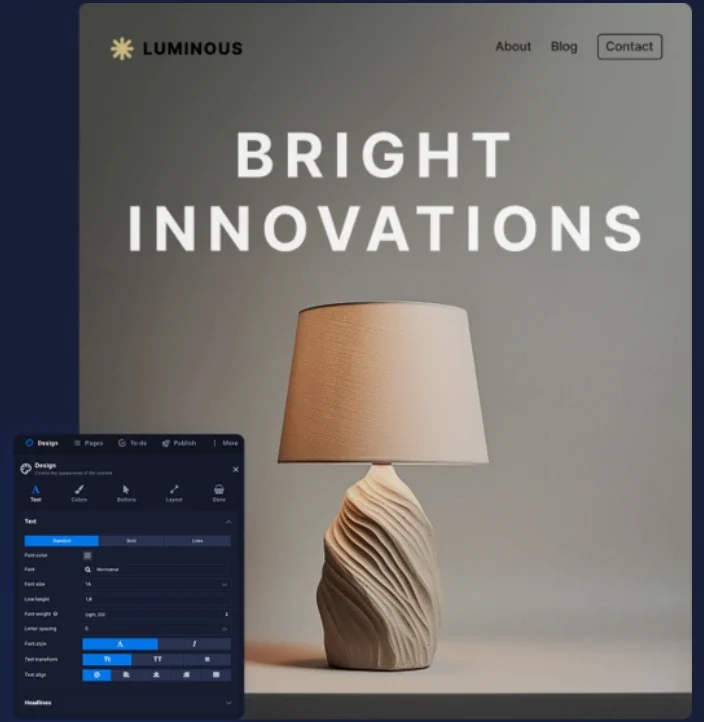 Luminous website template with Sitejet's visual editing panel