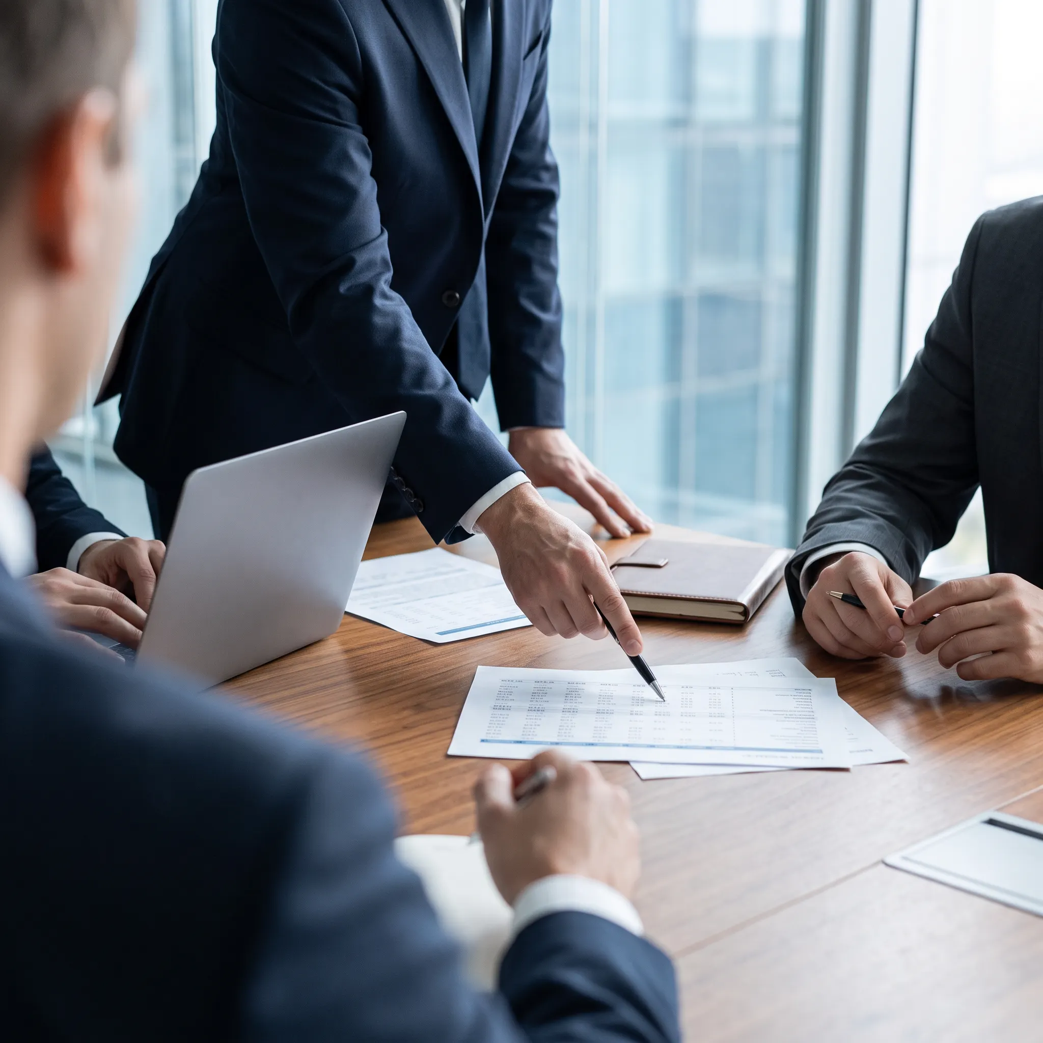 Illustrative scene of business professionals reviewing financial documents together
