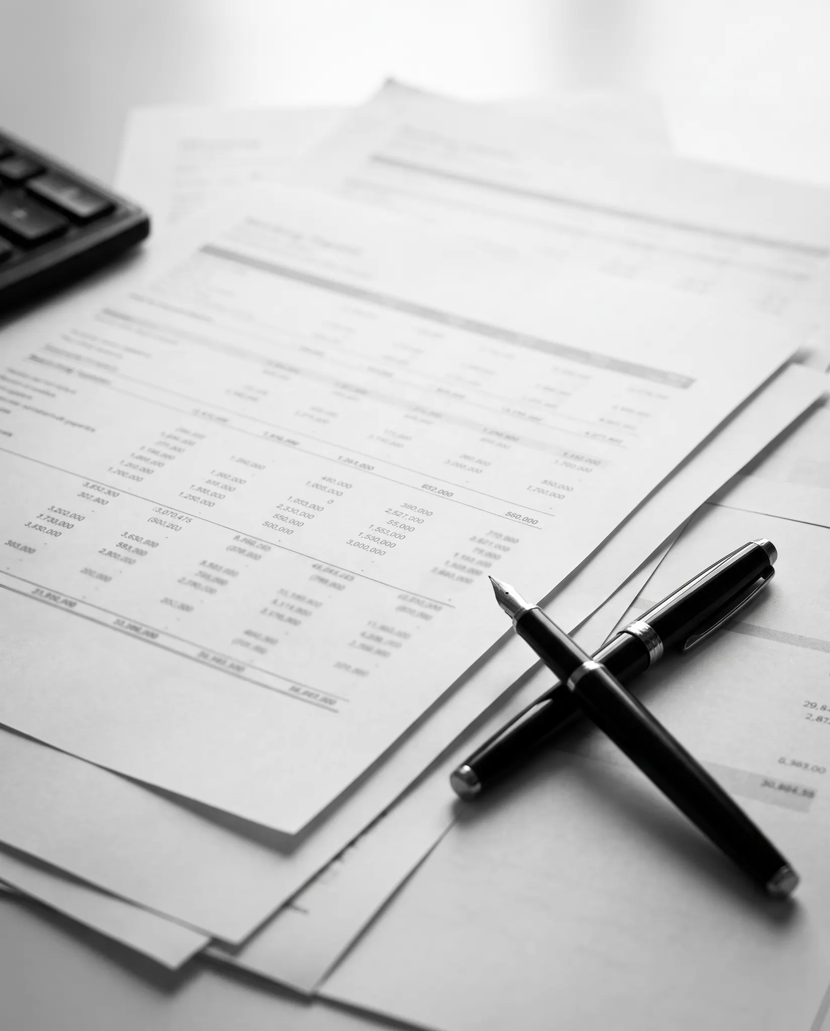 Illustrative black-and-white financial working papers and a fountain pen