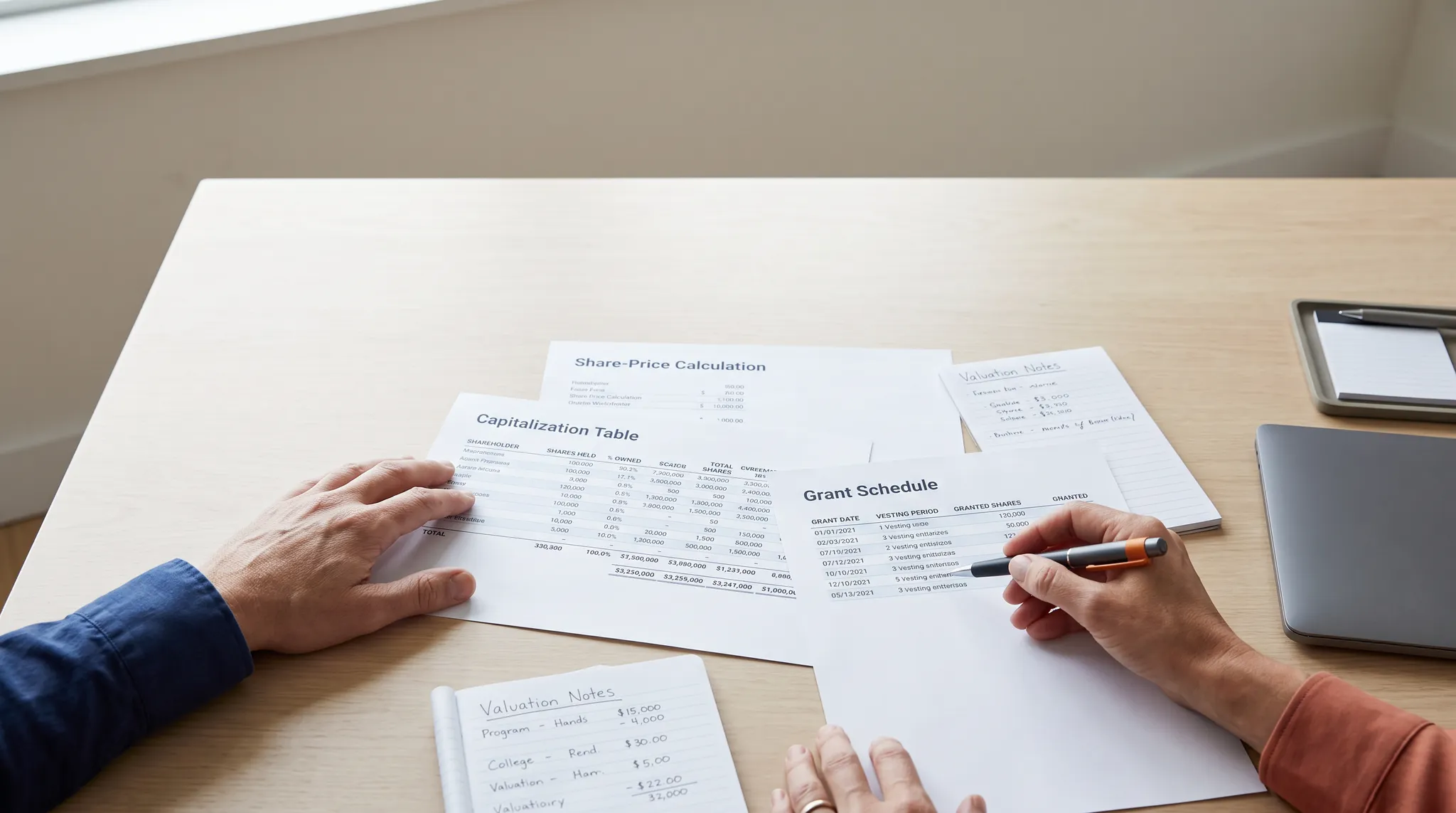 Illustrative tabletop view of people reviewing a cap table and stock option grant schedule