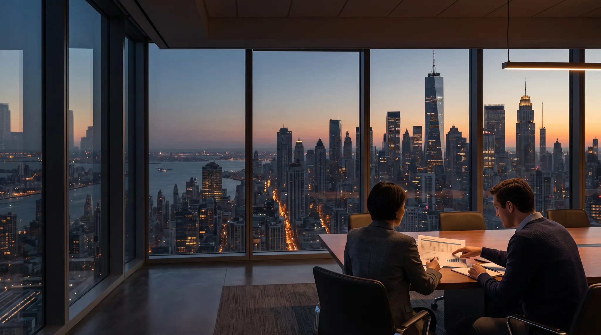 Illustrative meeting scene with two people discussing a printed financial forecast