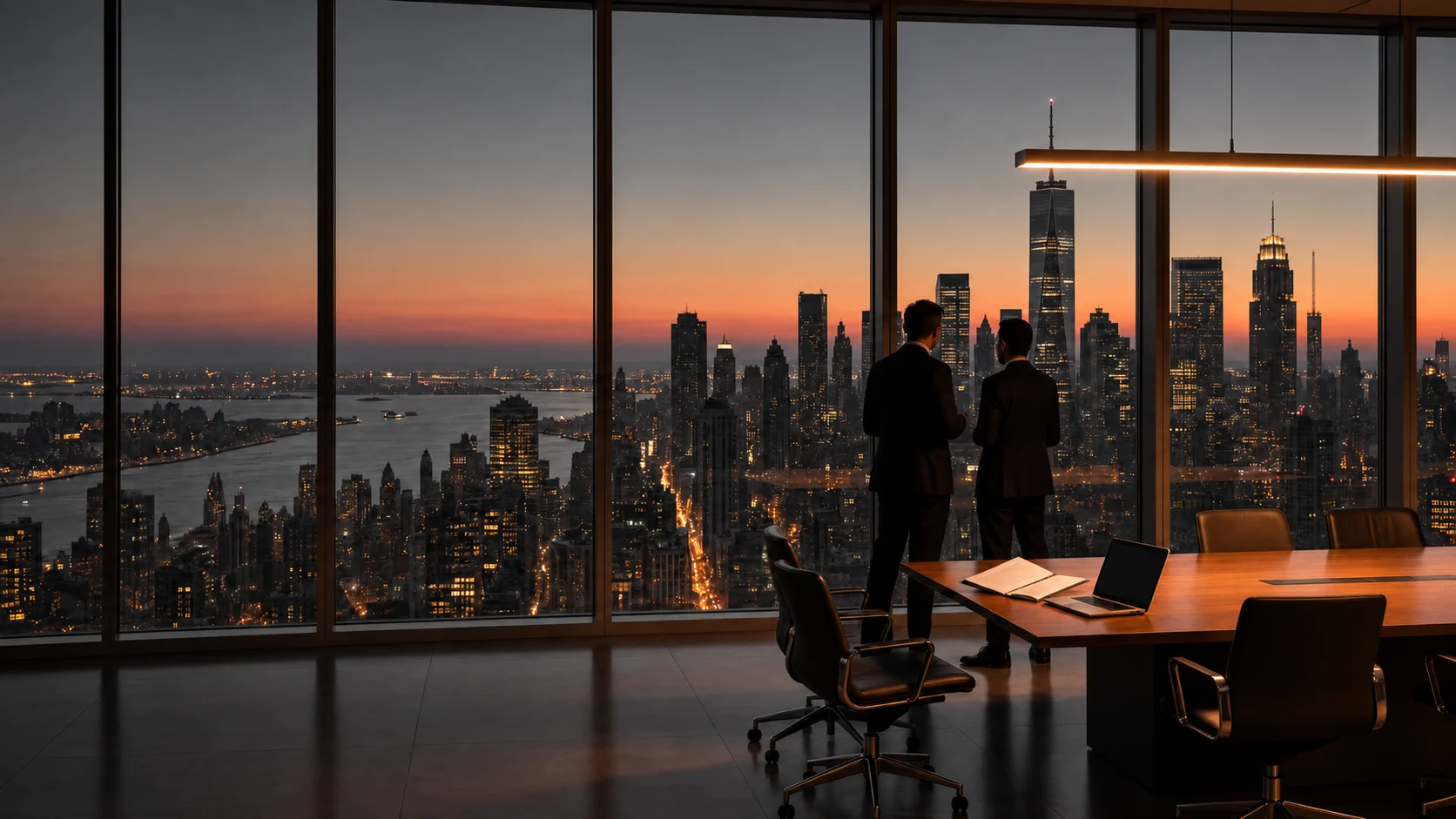 Two people in a conference room overlooking a city skyline at sunset