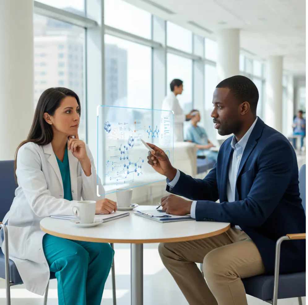 A medical science liaison and a healthcare professional talking across a table with coffee