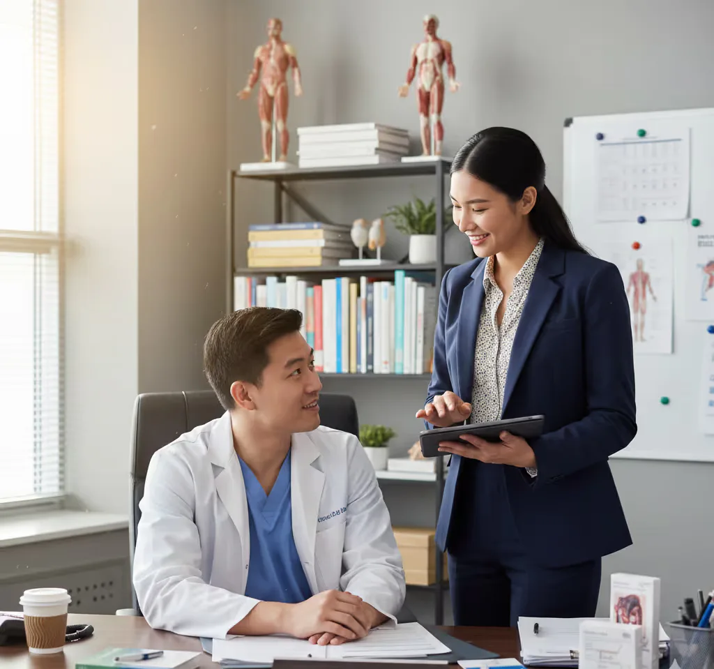 A medical science liaison presenting on a tablet to a physician in an office