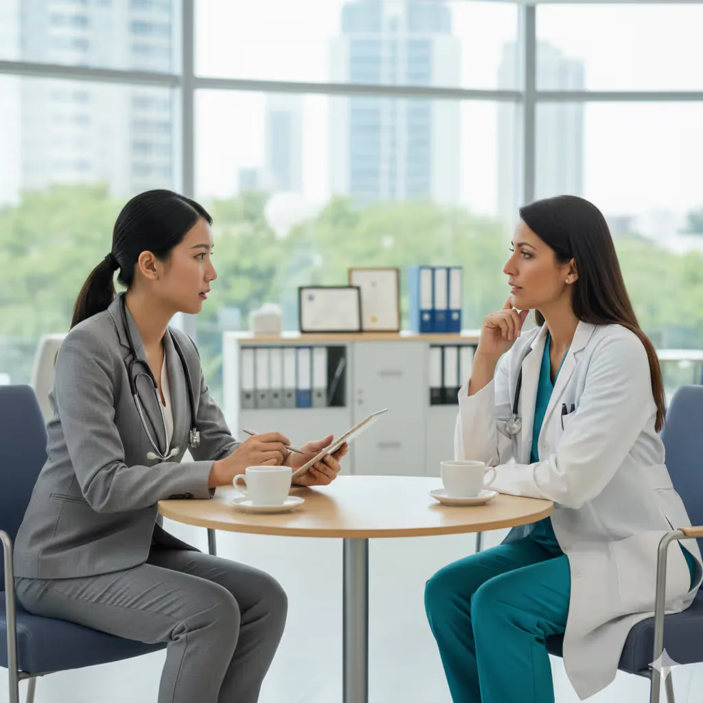 Two medical affairs professionals in conversation during an AI engagement simulation