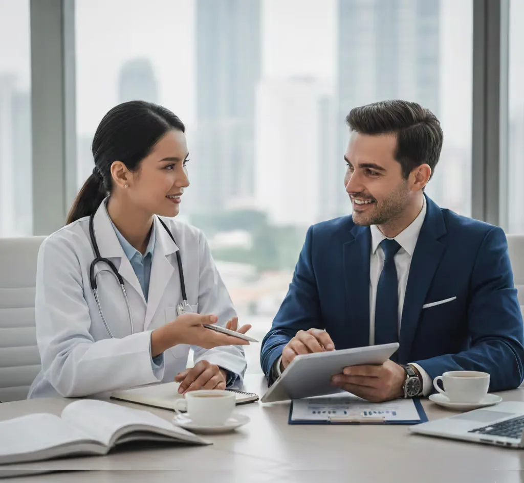 A medical science liaison in a lab coat discussing data on a tablet with a healthcare professional