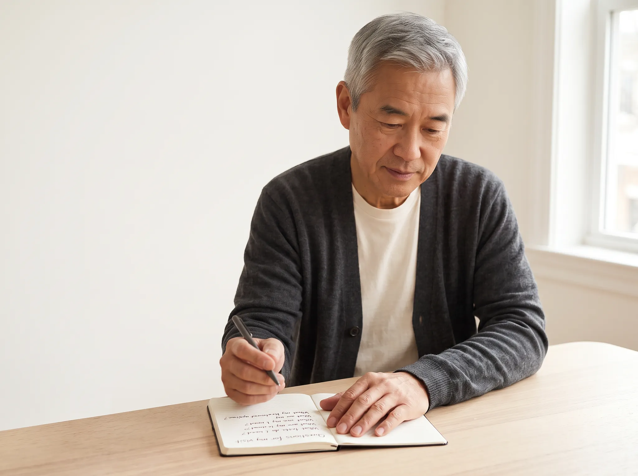 A man writing questions in a notebook before an oncology appointment