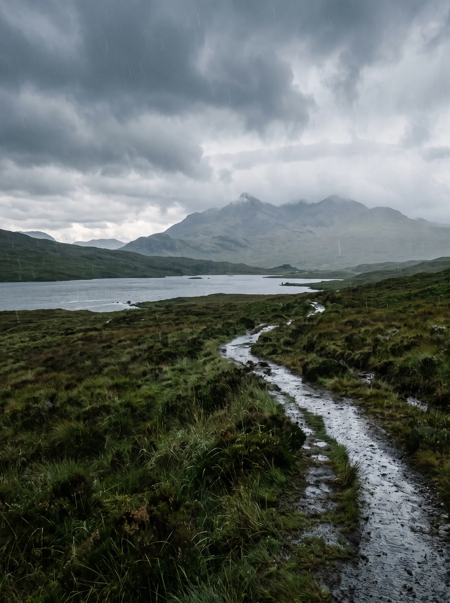 Rain falling across a loch and mountain landscape on the Isle of Skye
