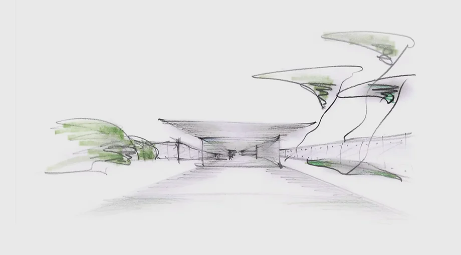 Bruno Erpicum's perspective drawing of Can Fibonacci among pine trees
