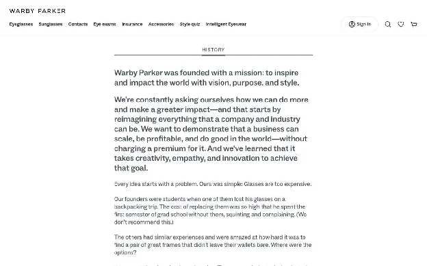 Warby Parker history page