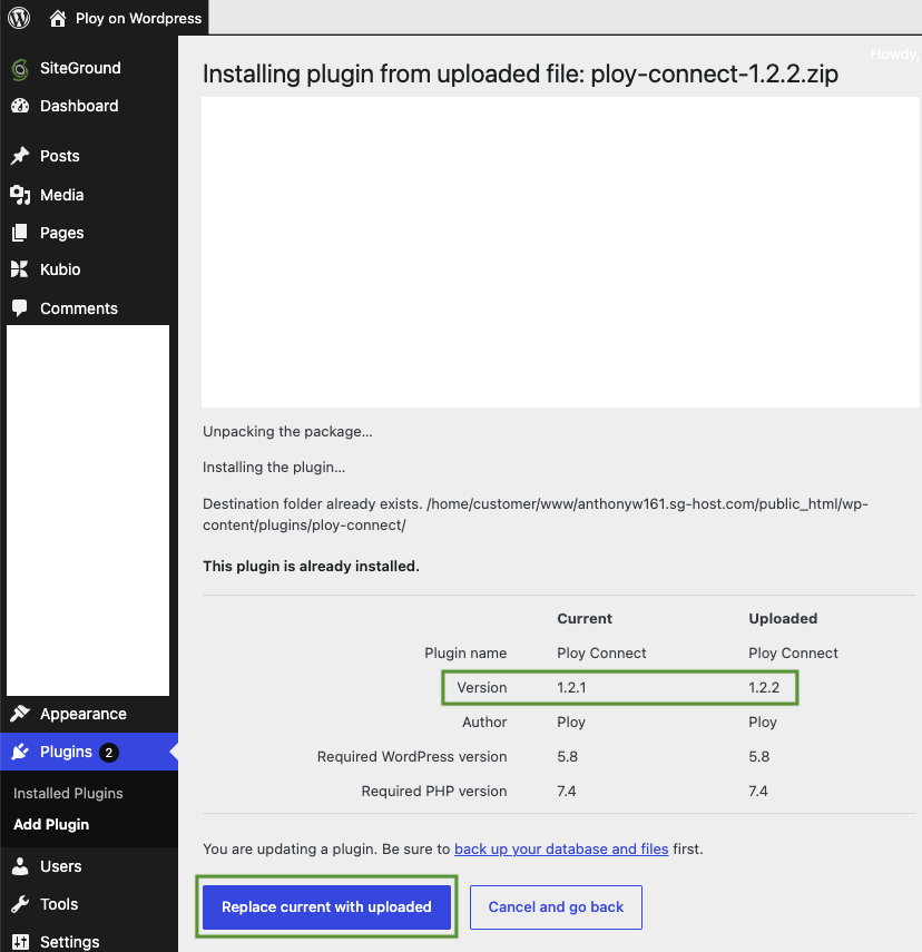 WordPress plugin upload confirmation screen showing Ploy Connect version comparison