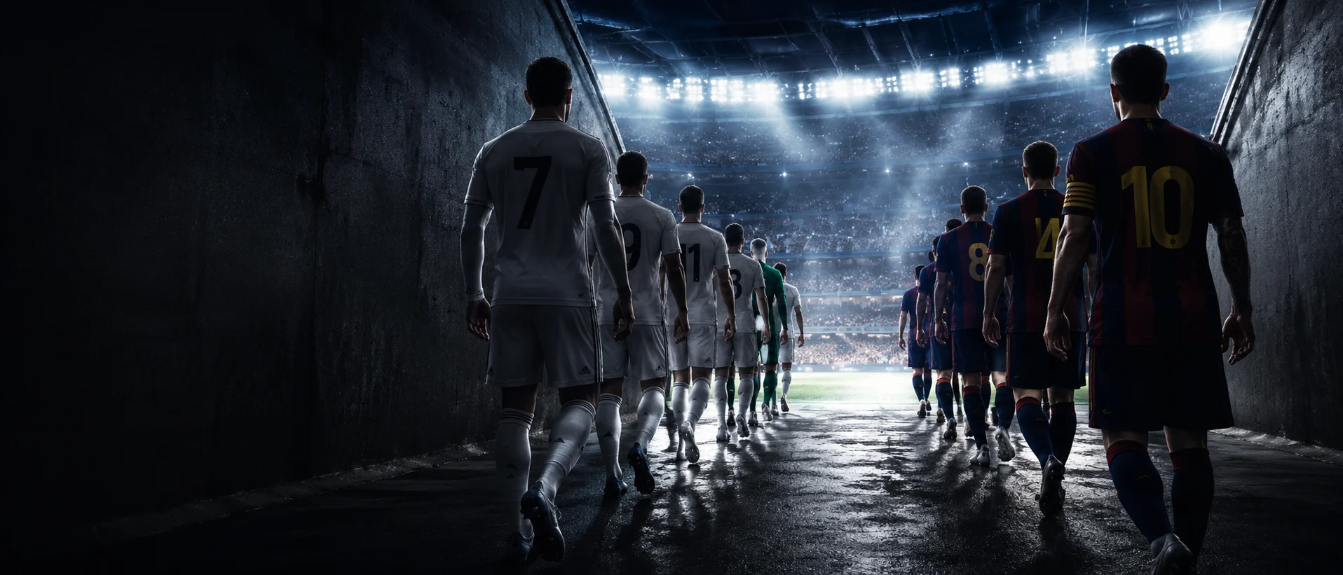 Deux équipes de football professionnel entrant sur le terrain depuis le tunnel